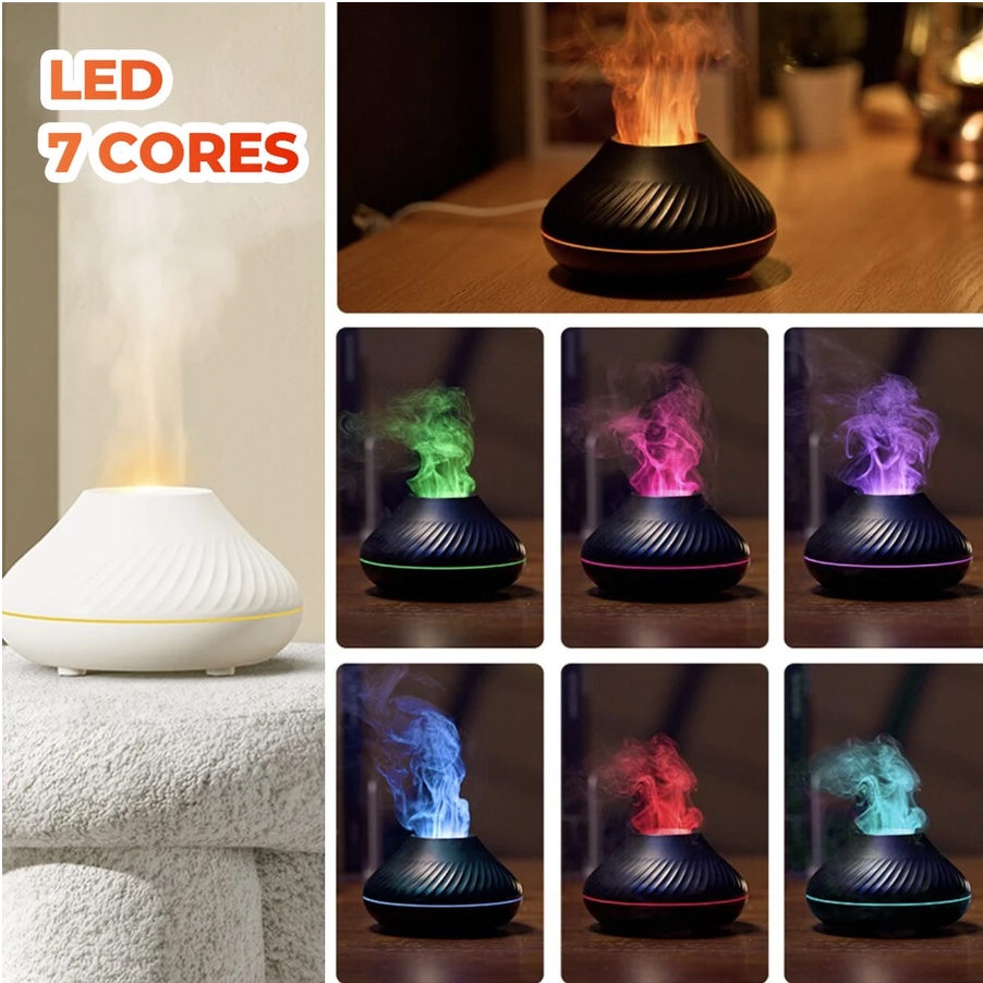 Umidificador Difusor Aromatizador Vulcão 130ml – LED 7 Cores + Controle