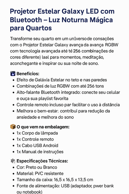 PROJETOR ESTELAR GALAXY LED com Bluetooth – Luz Noturna Mágica para Quartos