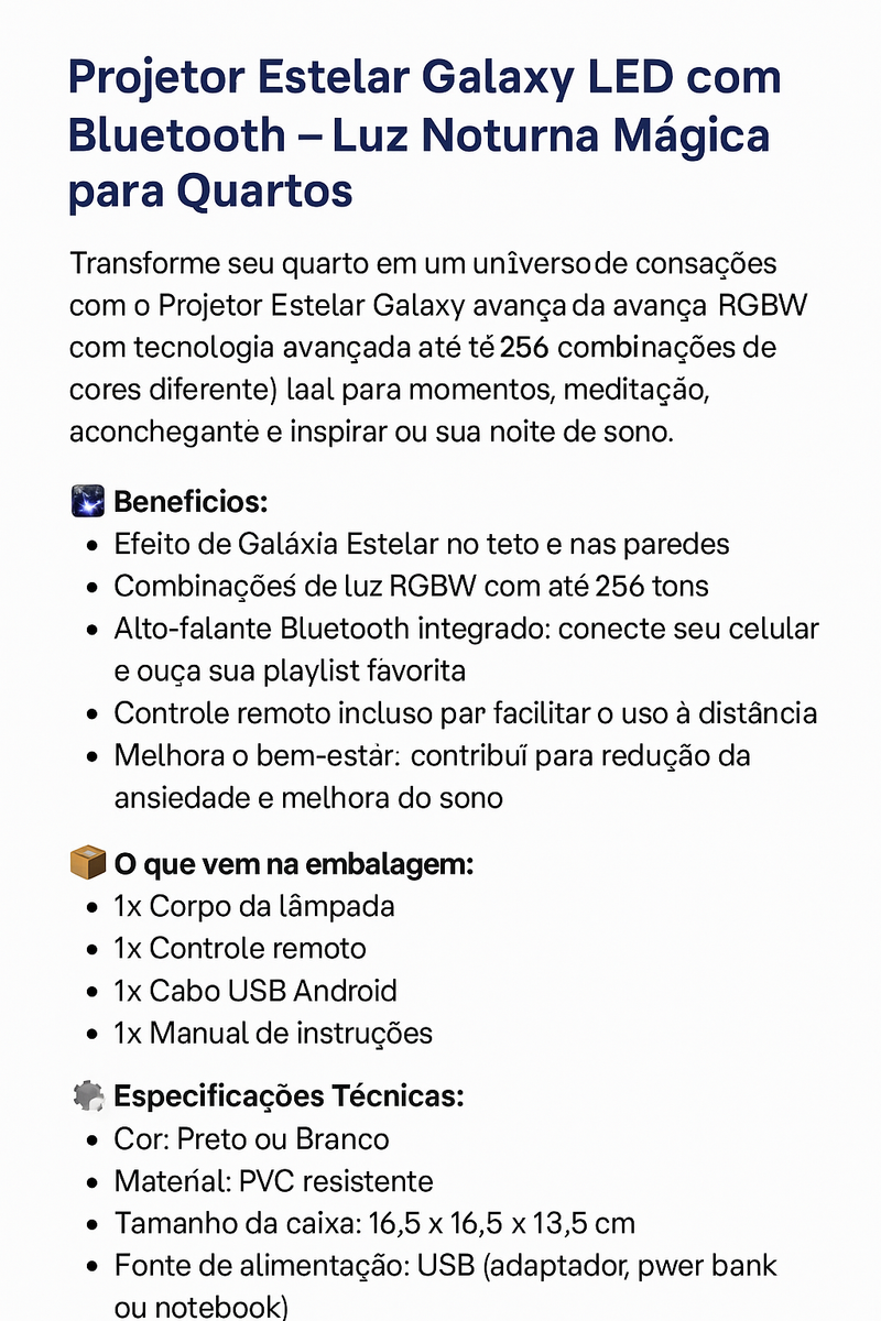 PROJETOR ESTELAR GALAXY LED com Bluetooth – Luz Noturna Mágica para Quartos