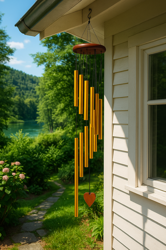 Sino de Vento com 12 Tubos de Alumínio – Decoração Externa em Dourado ou Prata com Gancho