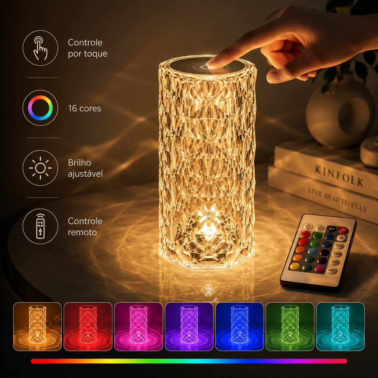 LUMINÁRIA CRISTAL 16 CORES COM CONTROLE REMOTO